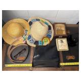 Vintage Accessories Lot with Hats, Leather Purse, Belt, Perfume, and 1980