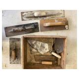 Lot Including Approx. 8 Masonry Plastering Tools & Wooden Tote