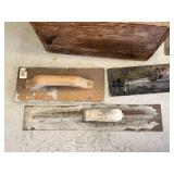 Lot Including Approx. 8 Masonry Plastering Tools & Wooden Tote