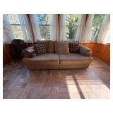 Contemporary Upholstered Sofa Rolled Arms Brown Neutral Tone Couch