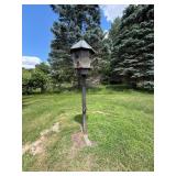 Metal Garden Birdhouse on Post 7ft Tall Hexagonal Outdoor Yard Decor with Pull Down Feature for easy filling