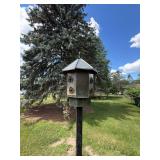 Metal Garden Birdhouse on Post 7ft Tall Hexagonal Outdoor Yard Decor with Pull Down Feature for easy filling