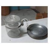 6 STEDE Pewter Plates & Pyrex Colonial Revival Glass Tea Strainer