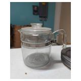 6 STEDE Pewter Plates & Pyrex Colonial Revival Glass Tea Strainer