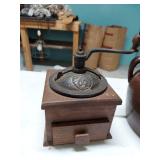 Antique Coffee Grinder & Brown Stoneware Crock Jar