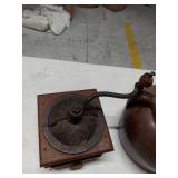 Antique Coffee Grinder & Brown Stoneware Crock Jar