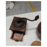 Antique Coffee Grinder & Brown Stoneware Crock Jar