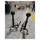 Lot Including Pair Antique English Fireplace Andirons Iron Hearth