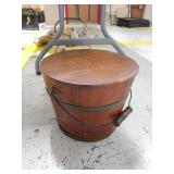 Vintage Wooden Firkin Style Bucket With Lid Metal Bands Handle