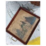 Vintage Wood Serving Tray Victorian Fashion Print Brass Handles