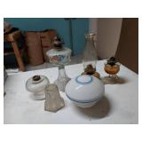 Lot Including 6 Antique Vintage Oil Lamps Shades Burner Parts Glass