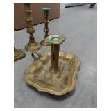 Lot Including Antique English Brass Candlesticks & Chamberstick 4pc