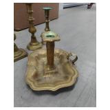 Lot Including Antique English Brass Candlesticks & Chamberstick 4pc