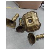 Lot Including Antique English Brass Candlesticks & Chamberstick 4pc