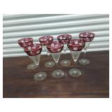 Lot Including 6 Cranberry Flash Floral Etched Cordial Wine Glasses