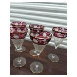 Lot Including 6 Cranberry Flash Floral Etched Cordial Wine Glasses