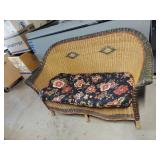 Vintage Wicker Rattan Loveseat Sofa w/ Floral Cushion 53in Wide