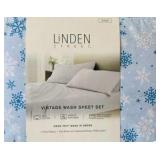 Linden Street QUEEN Size Sheet Set 100% Cotton Percale Blue Snowflake Vintage Wash NEW in Original Packaging