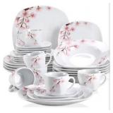 VEWEET Annie Porcelain Dinnerware for 6, 30-Piece Pink Floral Dish Set With Plates and Bowls Including Dinner, Dessert, Soup, Cups & Saucers