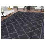 Garvee Outdoor Black Grey 10x14 Rug, Waterproof Reversible Plastic Straw Mat Modern Geometric Trellis UV-Resistant Portable Carry Bag Patio RV Camping