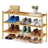 SONGMICS Bamboo Shoe Rack for Closet, Stackable Shoe Oragnizer, Space-Saving Freestanding Shelf, 3-Tier, Holds 12-16 Pairs, Natural