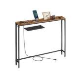 Console Table with Power Outlet, Slim Behind Couch Sofa Table, 5.9 x 39.4 x 31.5 Inches, 1 Hook, Easy Assembly, for Entryway, Living Room, Rustic Brown and Ink Black ULNT079K01