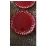 Set of Four Red Christmas Plates, Snowflakes Design, Beautiful, 11” Across Size