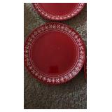 Set of Four Red Christmas Plates, Snowflakes Design, Beautiful, 11” Across Size