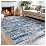 SIILOOM 5x7 Modern Abstract Area Rug for Bedroom, Navy Blue Gray Neutral Multi Large Super Soft Washable Rug with Slip-Resistant, Non-Shedding Rugs Indoor Door Mat for Home Décor Color Blue and Brown