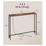 Console Table with Power Outlet, Slim Behind Couch Sofa Table, 5.9 x 39.4 x 31.5 Inches, 1 Hook, Easy Assembly, for Entryway, Living Room, Rustic Brown and Ink Black ULNT079K01