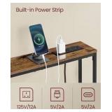 Console Table with Power Outlet, Slim Behind Couch Sofa Table, 5.9 x 39.4 x 31.5 Inches, 1 Hook, Easy Assembly, for Entryway, Living Room, Rustic Brown and Ink Black ULNT079K01
