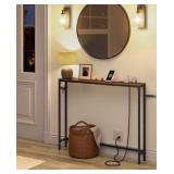 Console Table with Power Outlet, Slim Behind Couch Sofa Table, 5.9 x 39.4 x 31.5 Inches, 1 Hook, Easy Assembly, for Entryway, Living Room, Rustic Brown and Ink Black ULNT079K01