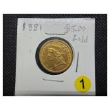 1881 $5.00 Gold Liberty Coin - 0.2419 Troy Oz. of Pure Gold