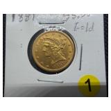 1881 $5.00 Gold Liberty Coin - 0.2419 Troy Oz. of Pure Gold