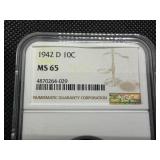 1942-D Silver Mercury Dime NGC MS65  - NGC Price Guide Value for an MS65  is $40