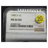 1945-S Lincoln Cent NGC MS66 RD - NGC Price Guide Value for an MS66 RD is $35