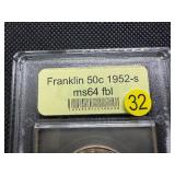 1952-S Franklin Silver Half Dollar  USCG MS64 FBL- Greysheet Wholesale Value for an MS64 FBL is $400