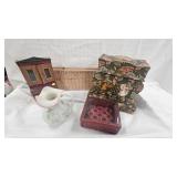 Fenton Lotus Mint Burmese Pitcher, Doll House Cabinet, Dec Boxes