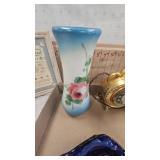 Fenton Inspired Milk Glass Painted Vase, Sewing Basket, Blue Swan Dish, Misc