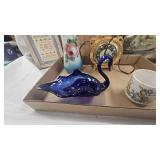 Fenton Inspired Milk Glass Painted Vase, Sewing Basket, Blue Swan Dish, Misc