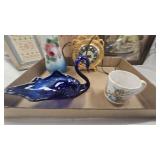 Fenton Inspired Milk Glass Painted Vase, Sewing Basket, Blue Swan Dish, Misc