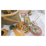 Baket and Lot of Various Tea set pieces, Porcelain and metal