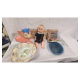 Rubber elephant toy, vintage Manicure Set, Dolls and Dishes