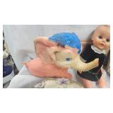 Rubber elephant toy, vintage Manicure Set, Dolls and Dishes