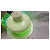 McKee Uranium Custard Glass Butterdish, Miniature Tea Set Pieces
