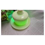 McKee Uranium Custard Glass Butterdish, Miniature Tea Set Pieces