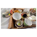 McKee Uranium Custard Glass Butterdish, Miniature Tea Set Pieces