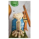 Fenton Glass Bowl(has repaired crack), uranium Vase, Piggy Thermometer