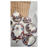 Blue and White Floral Motiff Childs Tea Set and Vintage Pictures