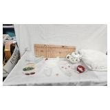 Nesting Chicken Top, Lace Tablecloth, Teapot, Napkin Holder